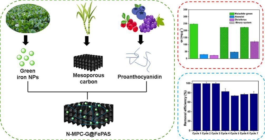 Green composites based on magnetic N-doped carbons: synergetic effect on the simultaneous adsorption of emerging contaminants from water.
