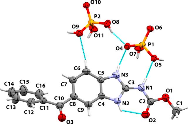 Supramolecular assembly of mebendazolium and dihydrogen phosphate ions in a new anthelmintic salt.