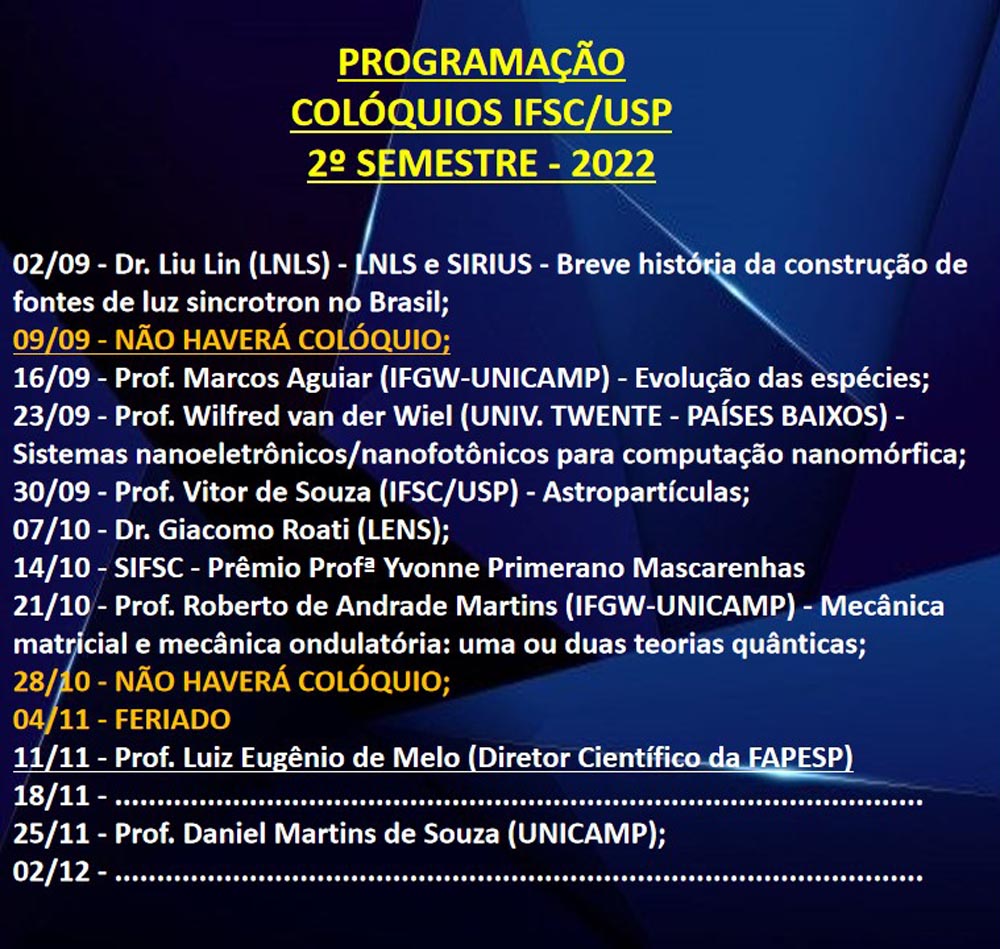 Programação Colóquios IFSC/USP 2º Semestre 2022 Portal IFSC